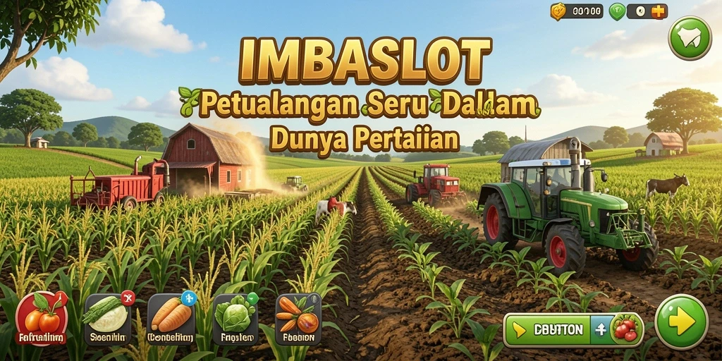 Screenshot gameplay IMBASLOT menampilkan ladang yang subur dan aktivitas pertanian.