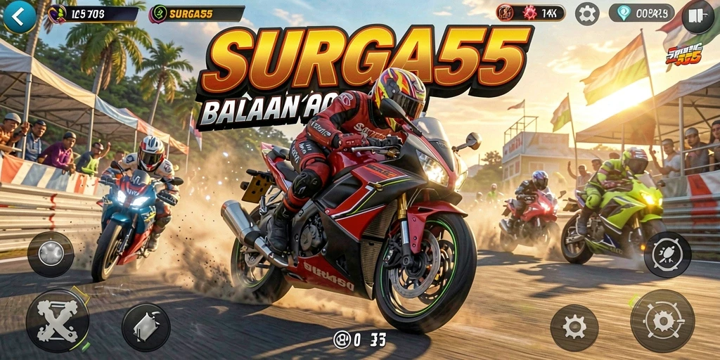 Tangkapan layar utama <strong>SURGA55</strong> menampilkan aksi balapan motor yang mendebarkan.